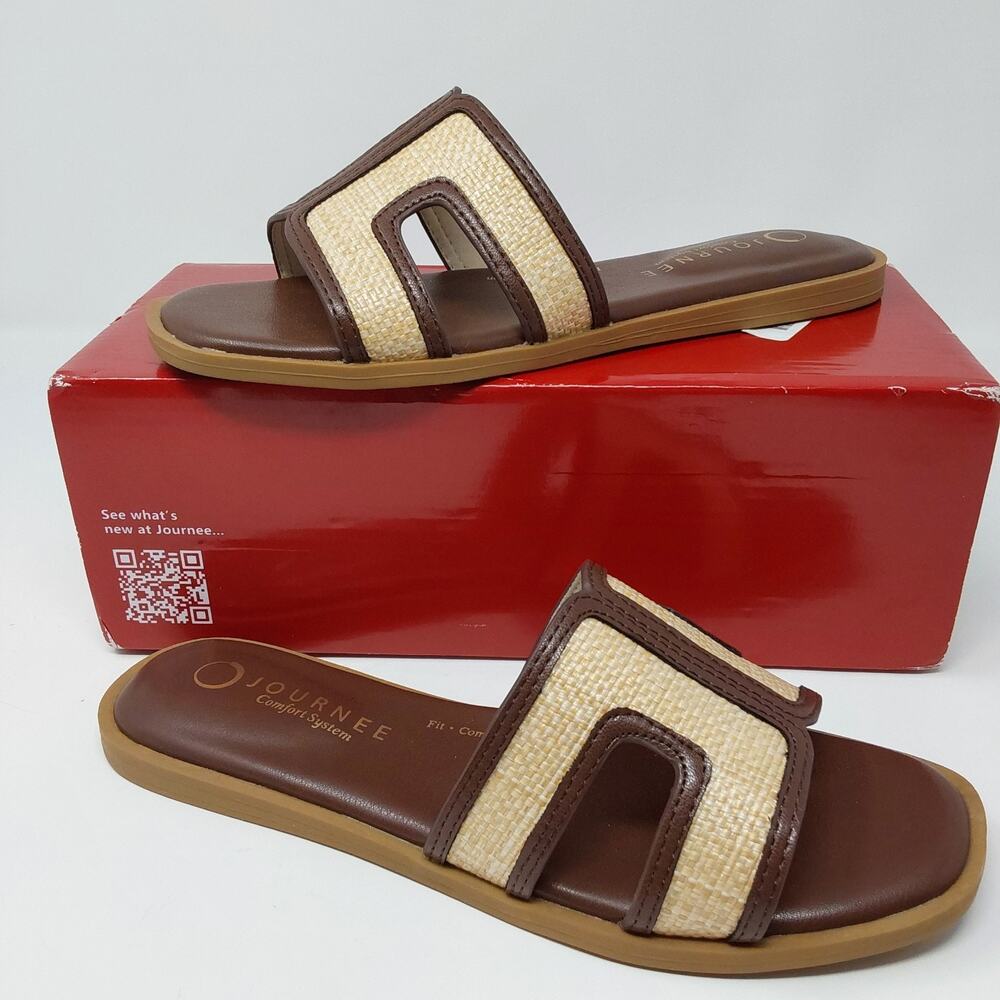 Journee Collection Primah Womens 7M Chocolate Raffia H Band Slide Sandals NIB